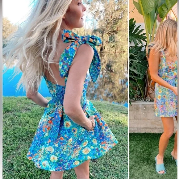 Show Me Your Mumu Claire Mini Dress Painterly Petals Print Small Resortwear Boho - Picture 12 of 13